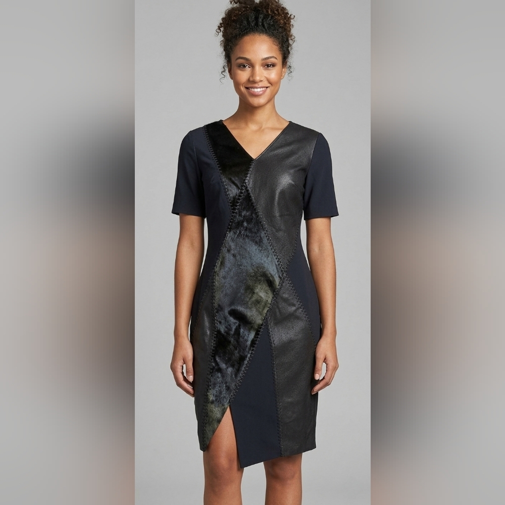 NWT Elie Tahari Mariah in Black Mixed Media Leather Calf Hair Sheath Dress 6